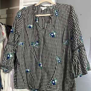 Charter Club Black and White Checkered Blouse with Blue Floral